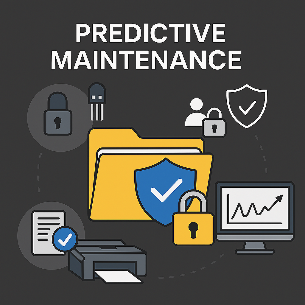 پرینتر و دستگاه کپی اداری با نمودار Analytics و نماد IoT نشان‌دهنده نگهداری پیش‌بینانه برای کاهش هزینه و توقف